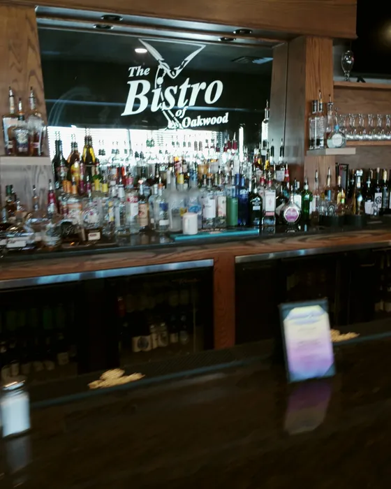 The bar under the lit Bistro sign